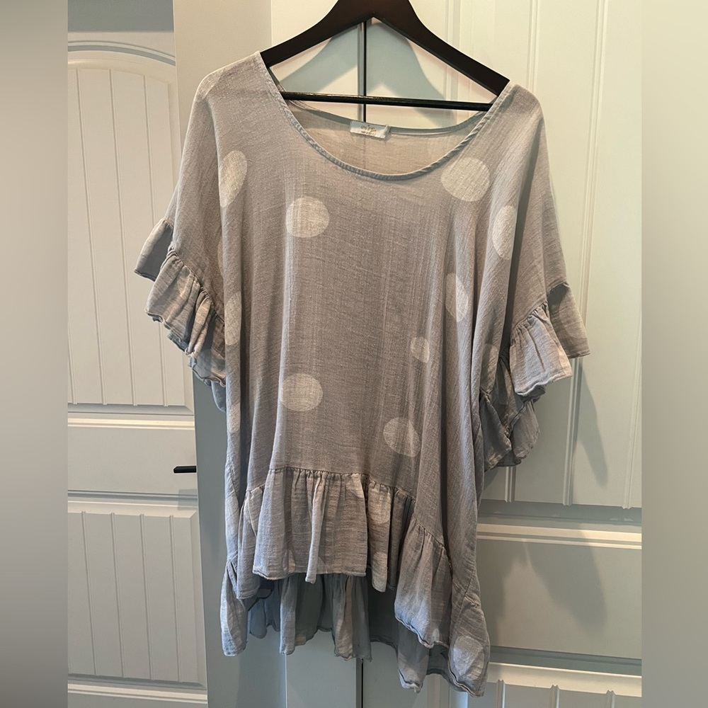 Italian blouse- beautiful, grey with white polka dots
